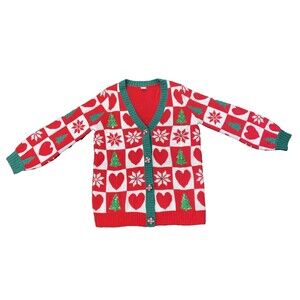 Holiday Time Cardigan Sweater Unisex Large (12-14) Christmas Button Up Tree